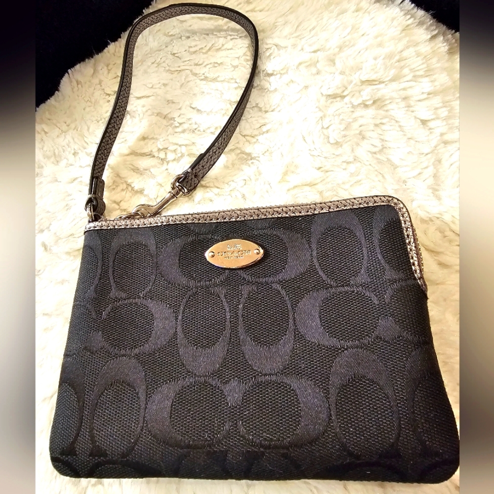 Coach Black and Silver Wristlet Signature C F64643 EUC